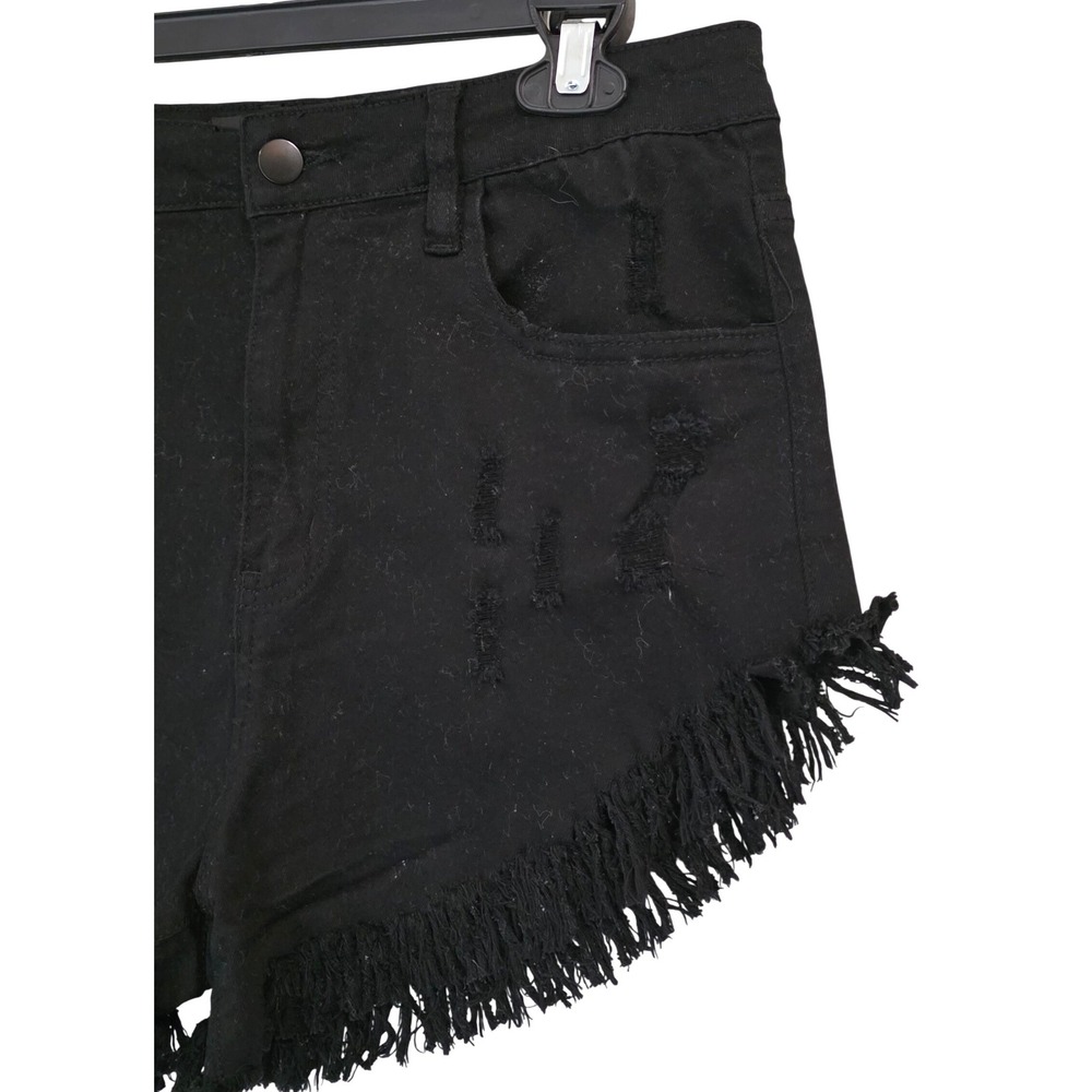 Fashion Nova Denim Shorts Black Frayed Fringe Distressed High - Picture 2 of 10